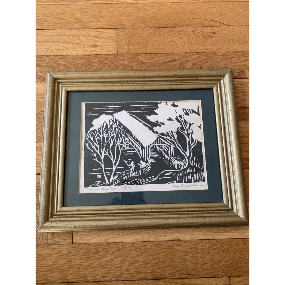 VTG 1979 Signed Woodblock / Linoleum Print – Bridge Over River – Framed Art